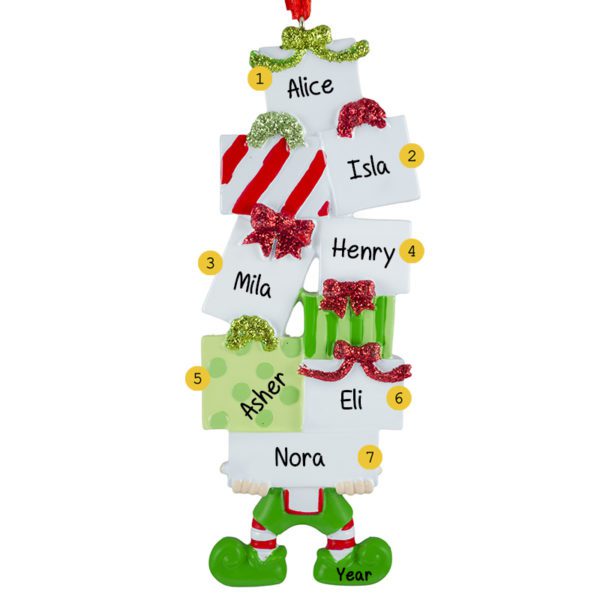 Image of Personalized 7 Names Elf Holding Gift Packages Ornament