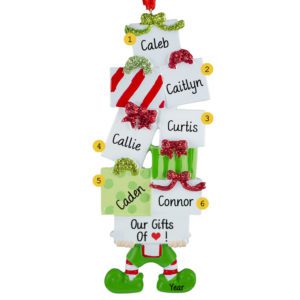 Elf Holding Gift Packages 6 Names Personalized Ornament