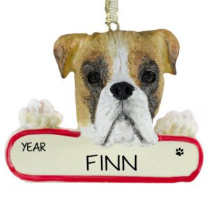 FAWN BOXER Dog With UNCROPPED Ears On Banner Ornament