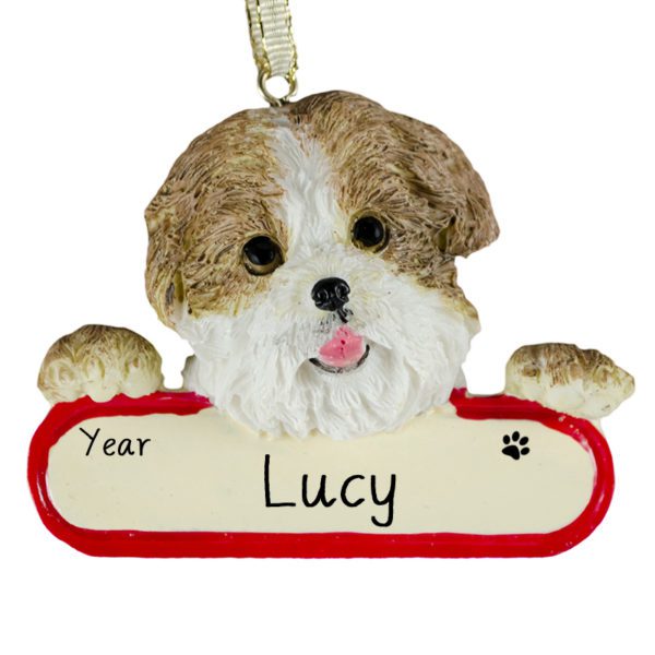 SHIH-TZU PUPPY CUT On Banner Ornament TAN And WHITE