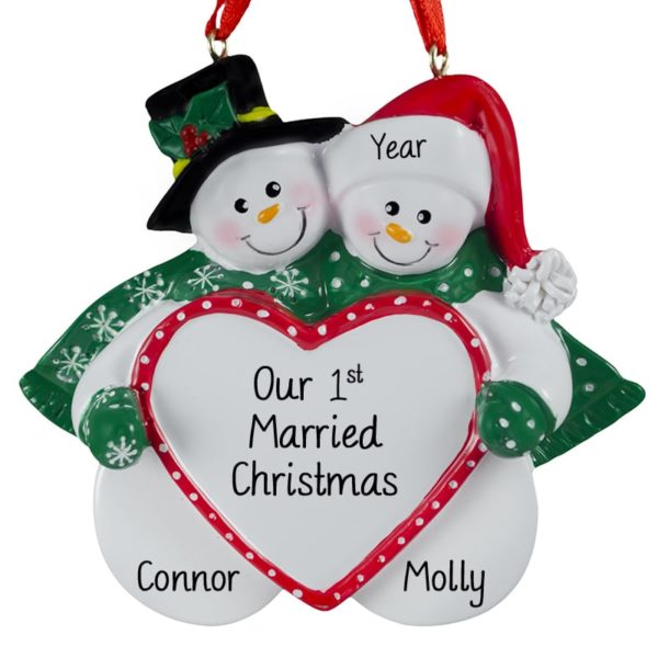 Image of Our 1st Married Christmas Snow Couple Big Heart Ornament