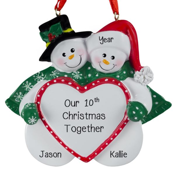 Personalized Anniversary Snow Couple Holding Heart Ornament