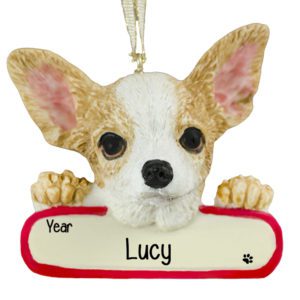 CHIHUAHUA TAN & WHITE Dog On Banner Ornament