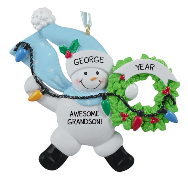 Grandson BLUE Snowman With Christmas Lights Ornament