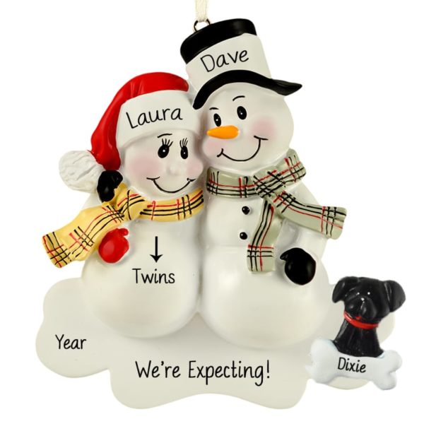 Expecting Twins Snow Couple With Pet Plaid Scarves Ornament