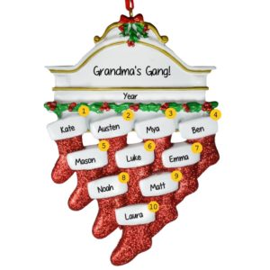 Ten Grandchildren Glittered Stockings On White Mantle Ornament