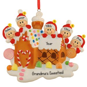 Five Grandkids Atop Gingerbread House Ornament