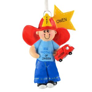 Big Brother Holding Fire Truck Personalized Ornament