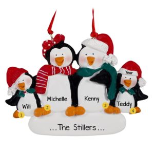 Personalized Penguin Couple + 2 Kids Christmas Ornament