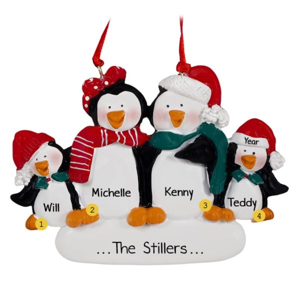 Image of Personalized Penguin Couple + 2 Kids Christmas Ornament