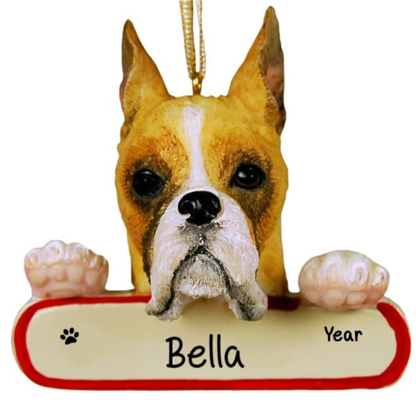 BOXER With CROPPED EARS On Banner Christmas Ornament WHITE MUZZLE