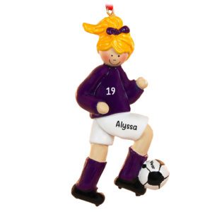 Personalized GIRL Soccer Player PURPLE Shirt Ornament BLONDE Hair