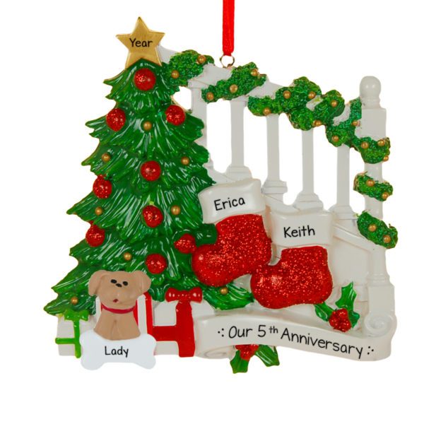 Anniversary Couple + Dog Bannister With Glittered Stockings Ornament        Stockings BANNISTER