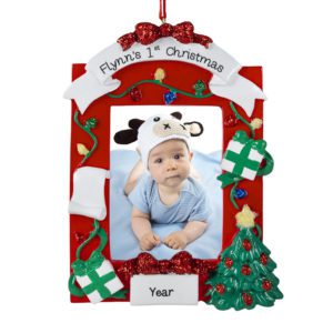 Baby's First Christmas RED Photo Frame Glittered Bow Ornament Easel Back