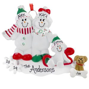 Personalized Sled Snow Family Of 3 + DOG Ornament