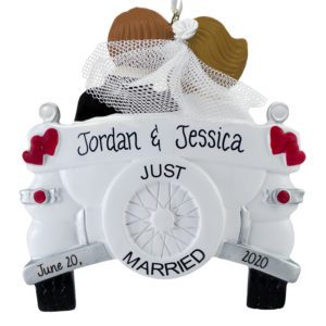 Just Married Old-Fashioned Car Personalized Ornament BRUNETTE Bride