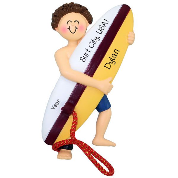 Image of MALE Surfer Carrying Surfboard Personalized Ornament BROWN Hair