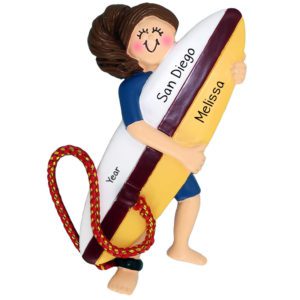 GIRL Surfer Carrying Surfboard Wearing Wetsuit Ornament BRUNETTE