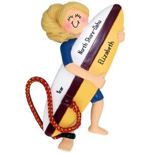 GIRL Surfer Carrying Surfboard Wearing Wetsuit Ornament BLONDE