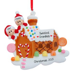 Image of Two Grandkids Atop Gingerbread House Personalized  Ornament