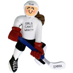 Personalized FEMALE Hockey Player BROWN Hair Ornament