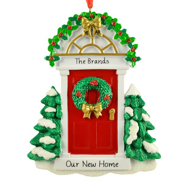 Image of Our New Home RED Door Snow-Covered Trees Ornament