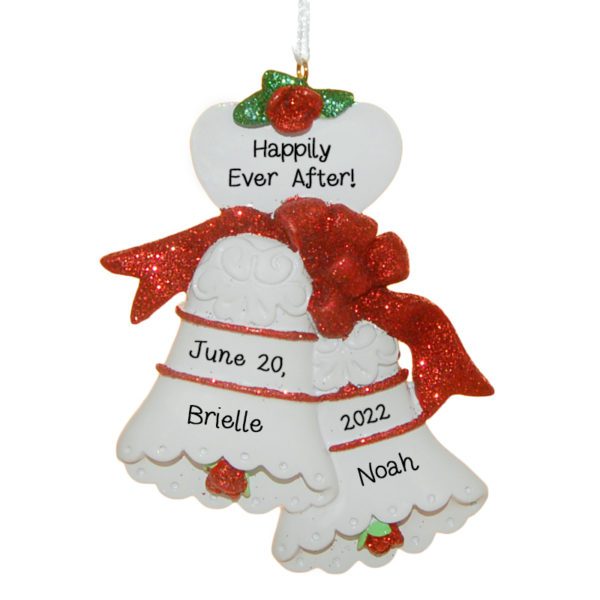 Personalized Wedding Bells Glittered RED Bow Ornament