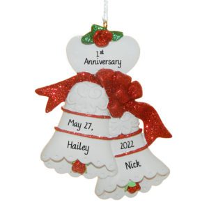 Personalized 1ST Anniversary Wedding Bells Red Glittered Ornament