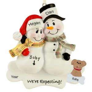 Personalized Expecting Snow Couple + DOG Plaid Scarves Ornament
