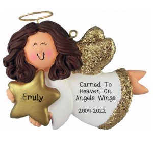 FEMALE Angel Memorial Gold Glittered Wings Ornament BRUNETTE