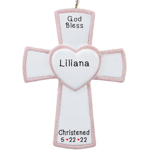 Baby Girl Christening Cross PINK Glittered Heart Ornament