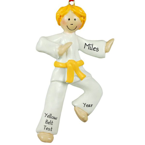 Image of Personalized Karate Boy YELLOW Belt Ornament BLONDE