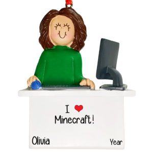 GIRL Playing Minecraft On Computer Ornament BRUNETTE