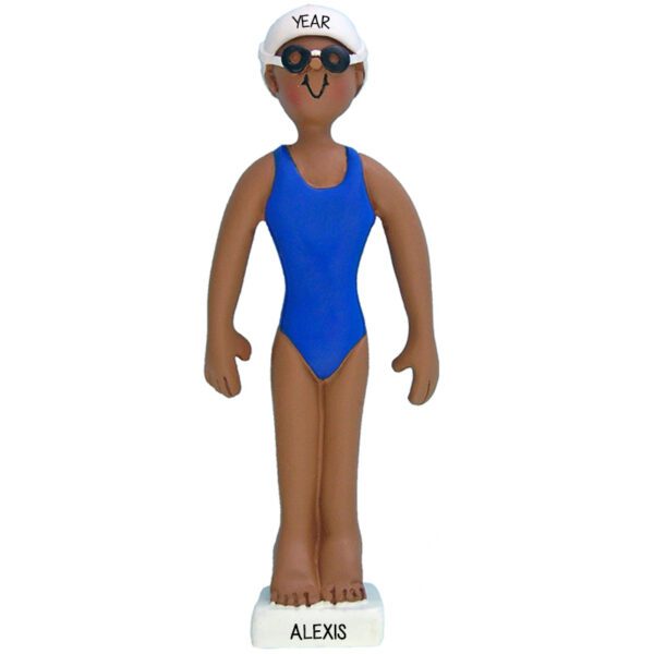African American Girl Swimmer Blue Suit Goggles & White Cap Ornament