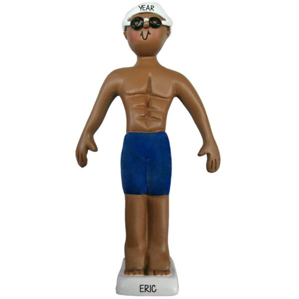 African American Boy Swimmer Blue Suit Goggles & White Cap Ornament