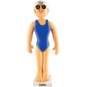 Girl Swimmer Blue Suit Goggles & White Cap Ornament