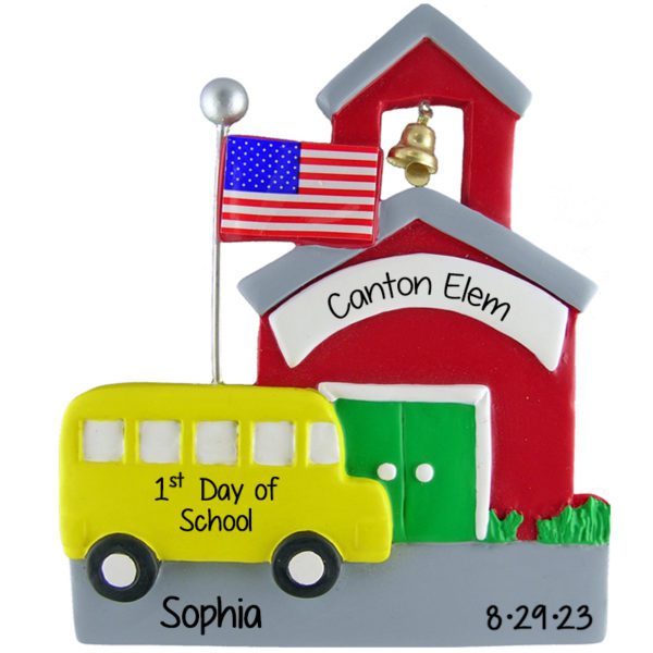 Personalized First Day Of School Bus & Flag Ornament