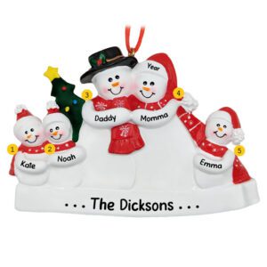 Personalized Parents With 3 Kids Red Scarves Ornament