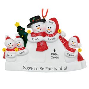 Image of Expecting Snow Family Of 5 Red Scarves Personalized Ornament