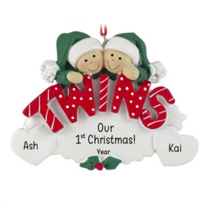 Twins' 1ST Christmas GREEN Hats RED Letters On Oval Ornament