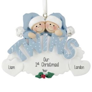 Image of Twin Baby Boys' 1st Christmas BLUE Oval Ornament