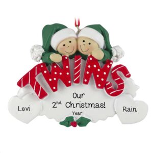 Twins' 2ND Christmas GREEN Hats RED Letters On Oval Ornament