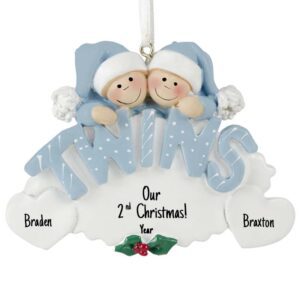 Image of Personalized Twin BOYS' 2ND Christmas Oval BLUE Ornament