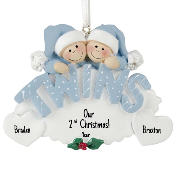 Personalized Twin BOYS' 2ND Christmas Oval BLUE Ornament