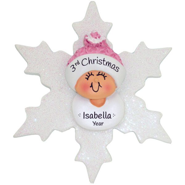 Girl's 3rd Christmas PINK Glittered Snowflake Ornament