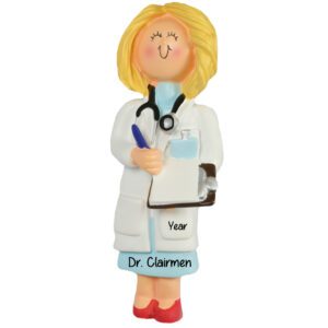FEMALE Doctor Wearing Lab Coat Holding Clip Board Ornament BLONDE