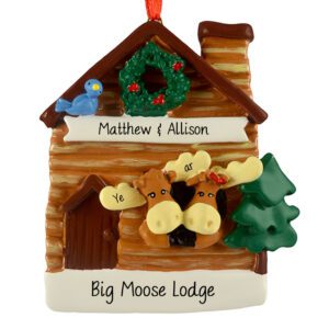 Moose Couple In Log Cabin Personalized Ornament
