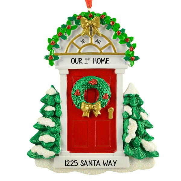 Our 1st Home RED Door Snow-Covered Trees Ornament