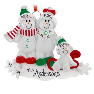 Snow Family Of 3 On Sled Personalized Ornament