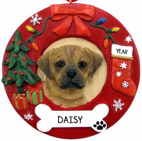 PUGGLE Dog On Christmas Wreath Ornament
